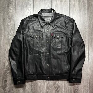 Levis Mens Faux Leather Trucker Jacket Black Button Up Coat Size L CA00342